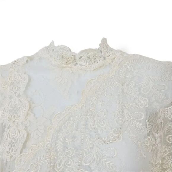 Vintage Victorian Flutter Puff Sleeve Sheer Ivory Lace Formal Wedding Dress M/L - Picture 9 of 13